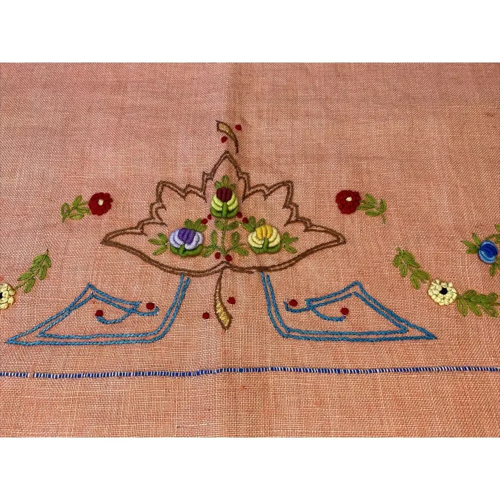 VINTAGE Hand Embroidered Tea Guest Towels Dresser Scarfs LINEN Floral Lot of 3